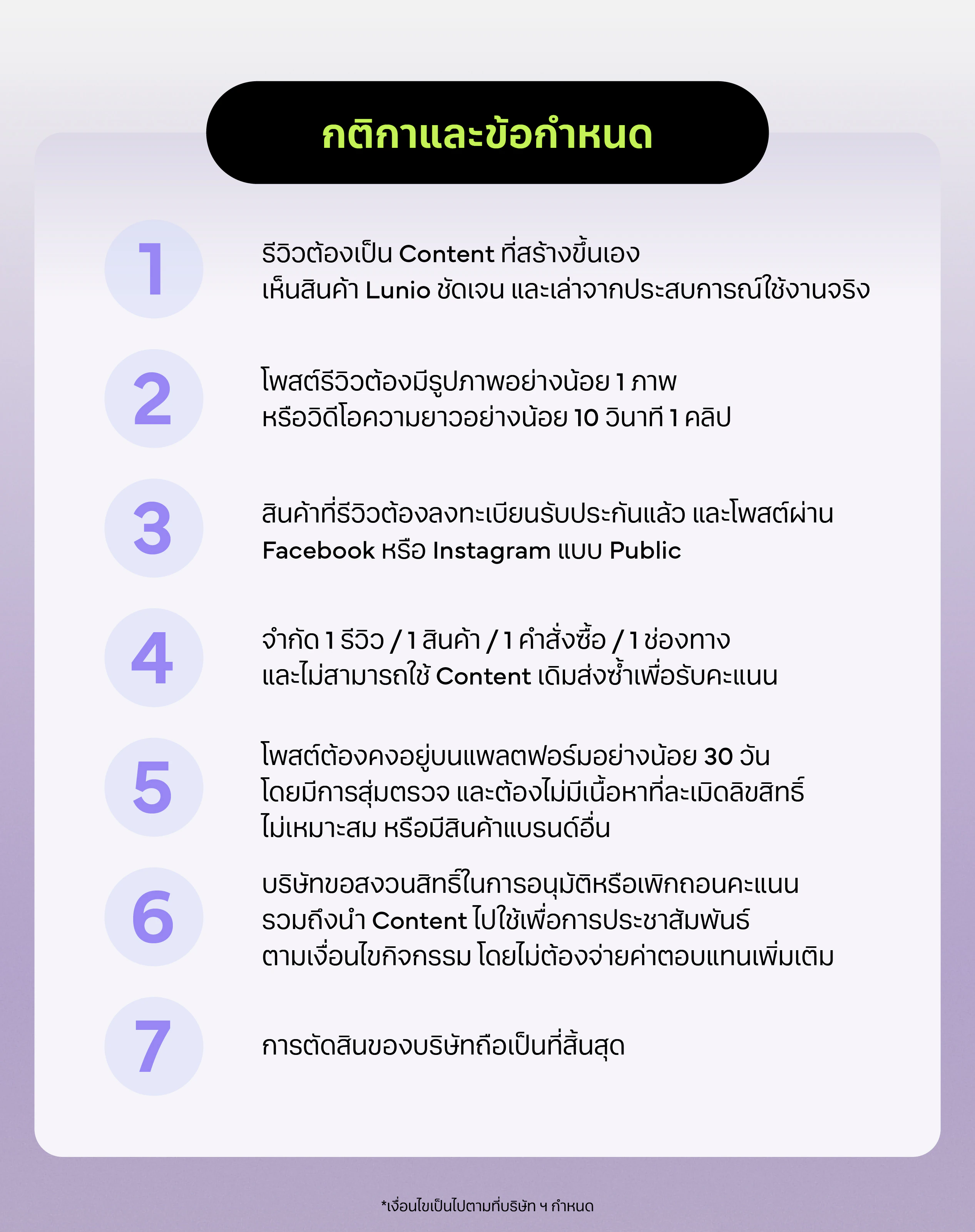 กติกาและข้อกำหนดของกิจกรรมรีวิว Lunio